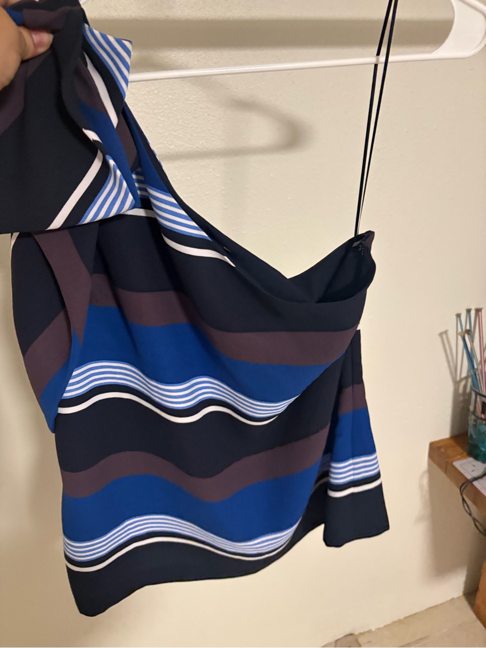 Banana Republic Navy Blue Striped One-Shoulder Top
